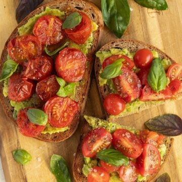 avocado and tomato toast with fresh or with roasted tomatoes.