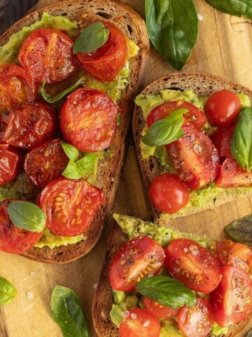 avocado and tomato toast with fresh or with roasted tomatoes.