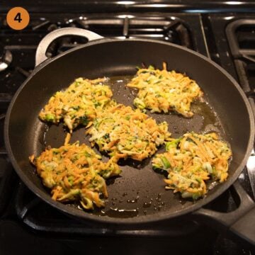 frying fritters with zucchini and sweet potatoes in a pan.