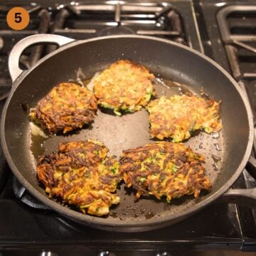 frying sweet potato and zucchini fritters in a large nonstick pan.