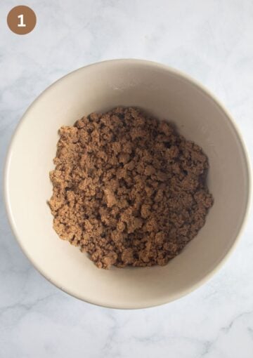 freshly made streusel in a mixing bowl.