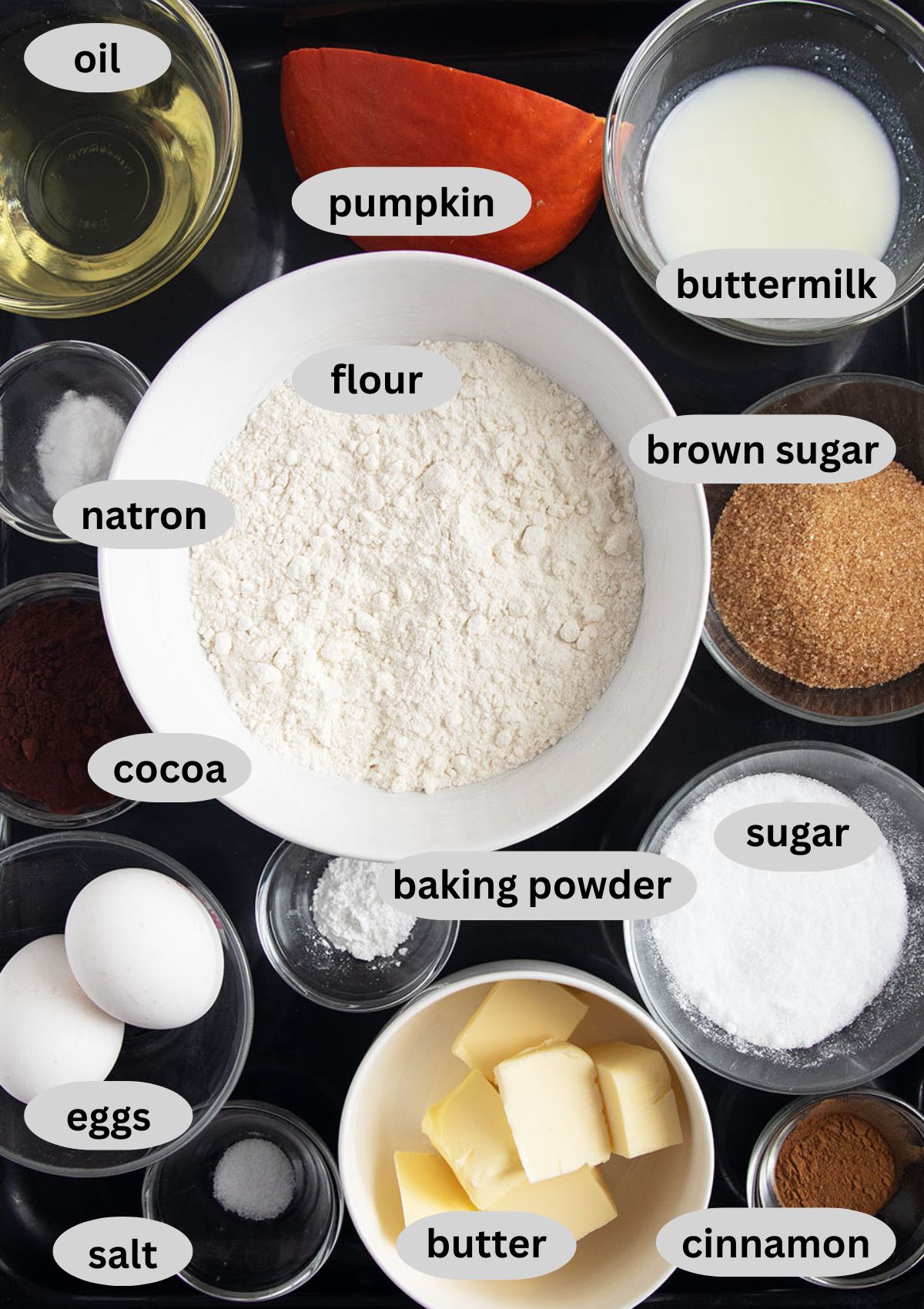 labeled ingredients for making muffins with pumpkin and streusel.