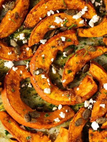 honey roasted pumpkin sprinkled with feta and pepitas and drizzled with more honey.