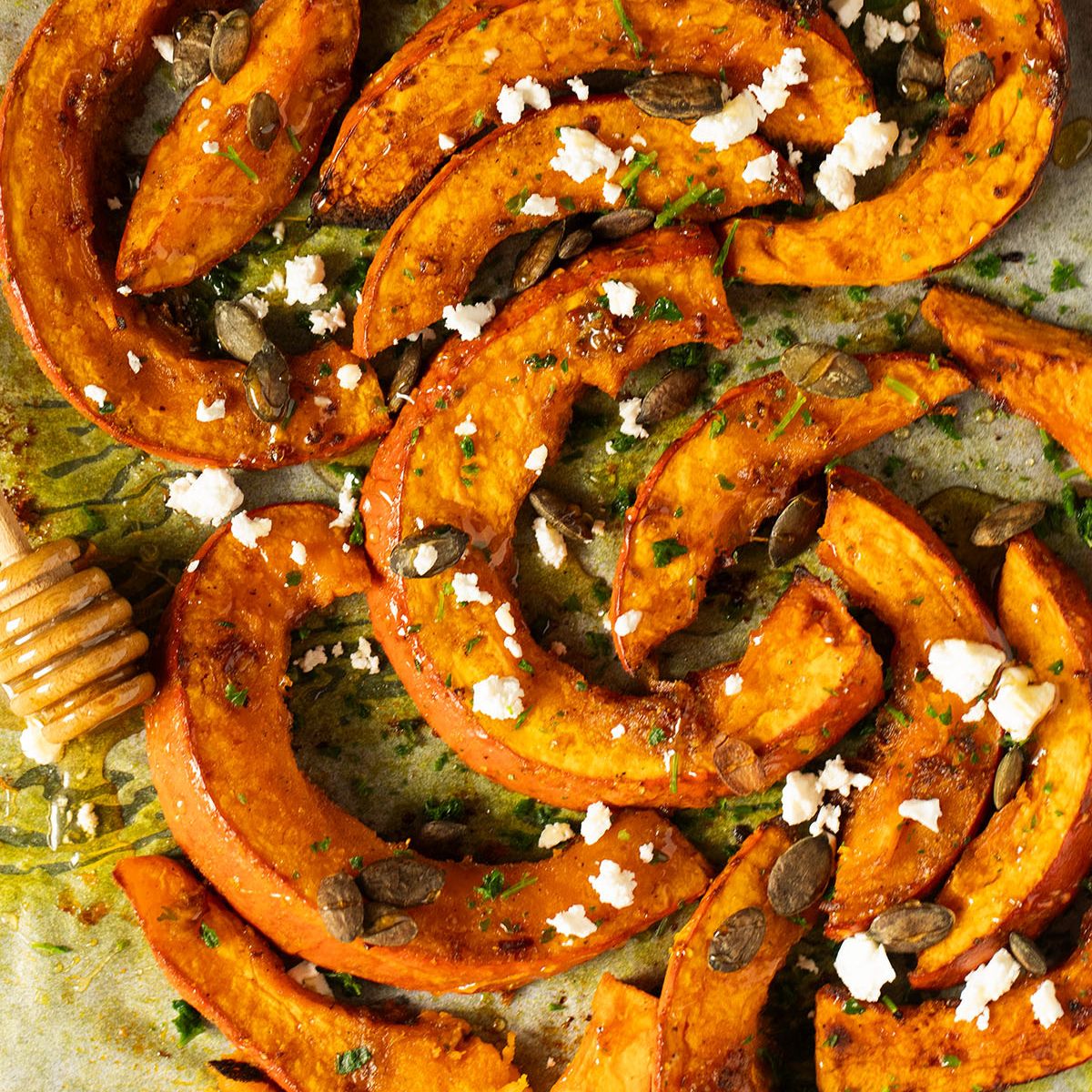 honey roasted pumpkin sprinkled with feta and pepitas and drizzled with more honey.