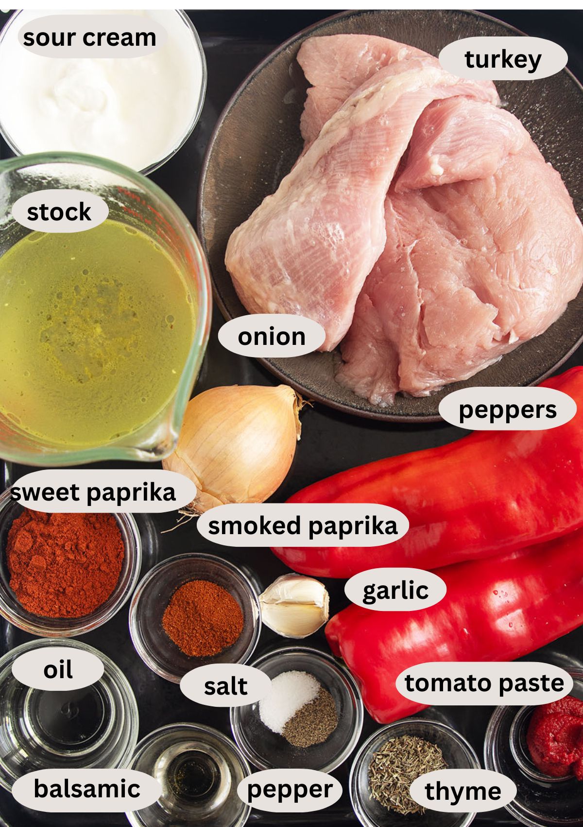 labeled ingredients for making turkey paprika with sour cream, stock, peppers and lots of spices.