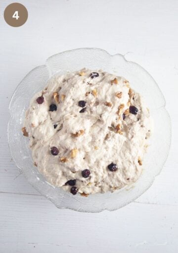 risen dough for making bread with walnuts and cranberries.