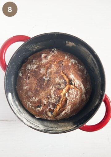 browned, crusty bread in a round dutch oven just after taking it out of the oven.