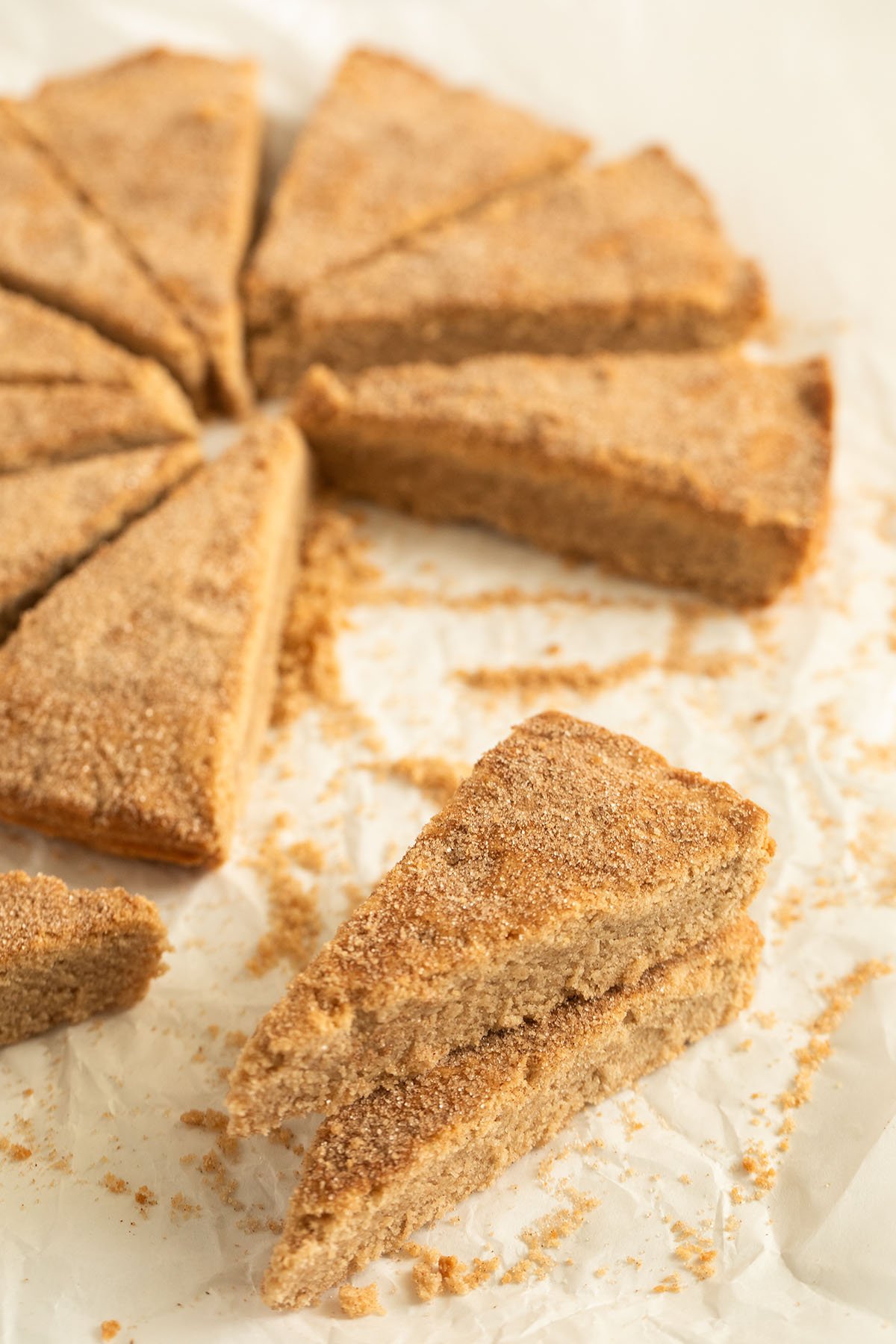 cinnamon shortbread cut into tringles, two of them stapled in front.