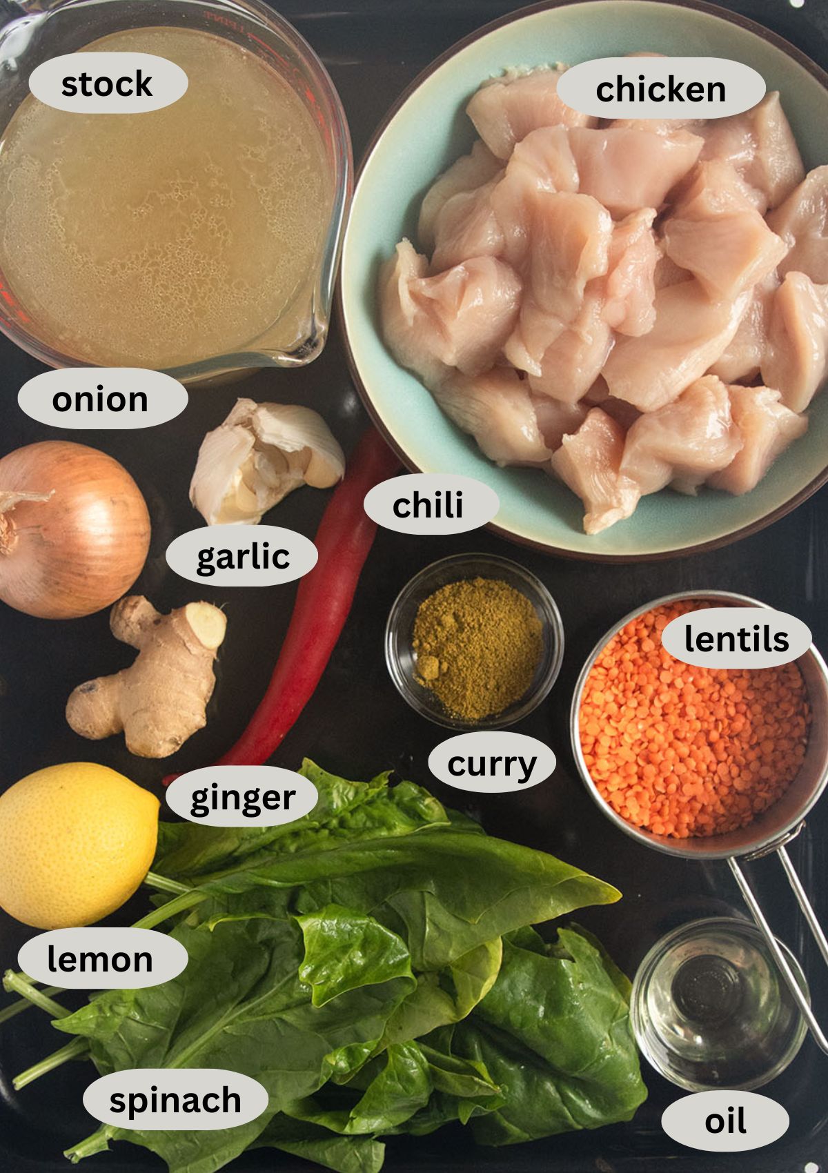 labeled ingredients for making chicken curry with lentils, spinach, ginger, and lemon.