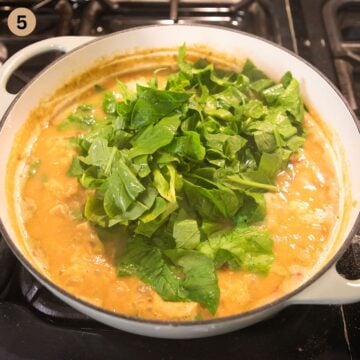 adding chopped spinach to curry in a pot.