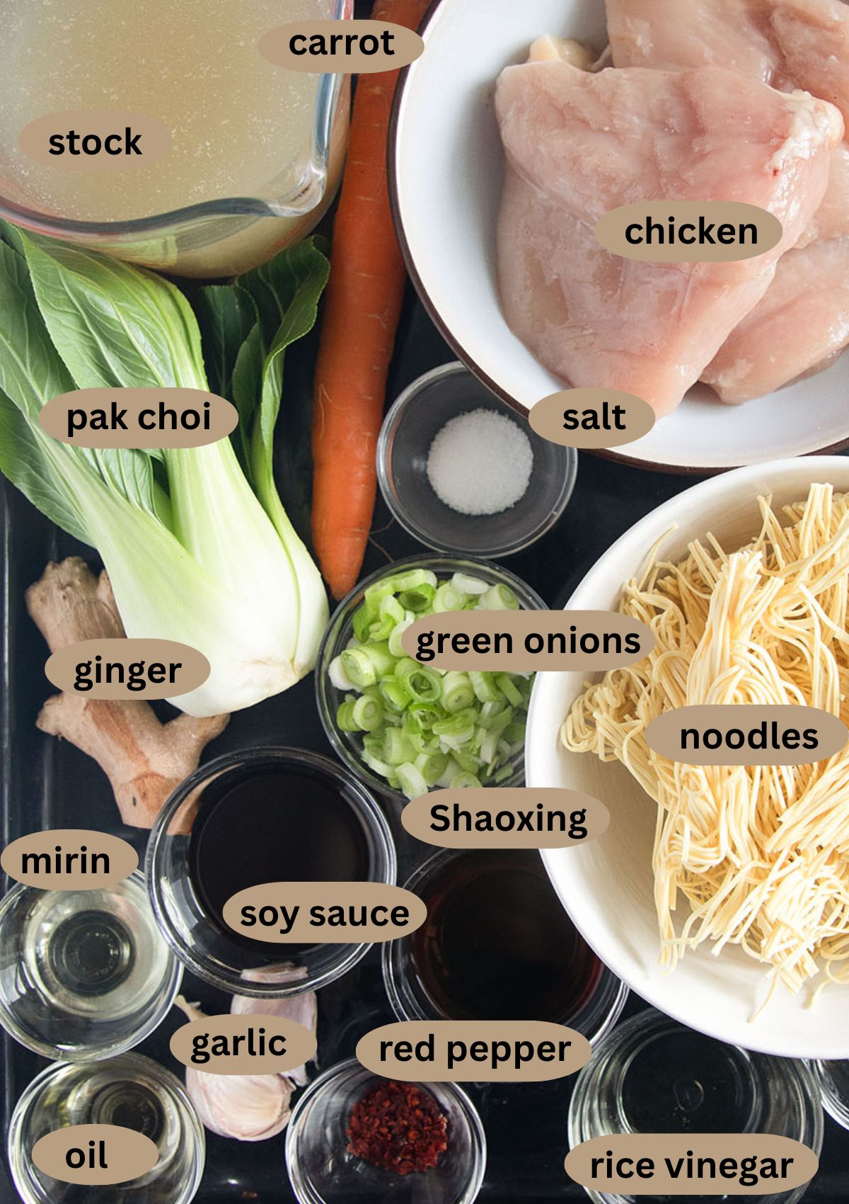 labeled ingredients for making asian soup with chicken breast, pak choi, noodles, ginger, green onions, and chicken broth.