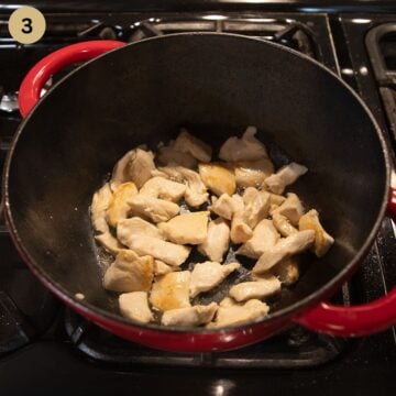 searing chicken strips in a dutch oven to make asian style soup.