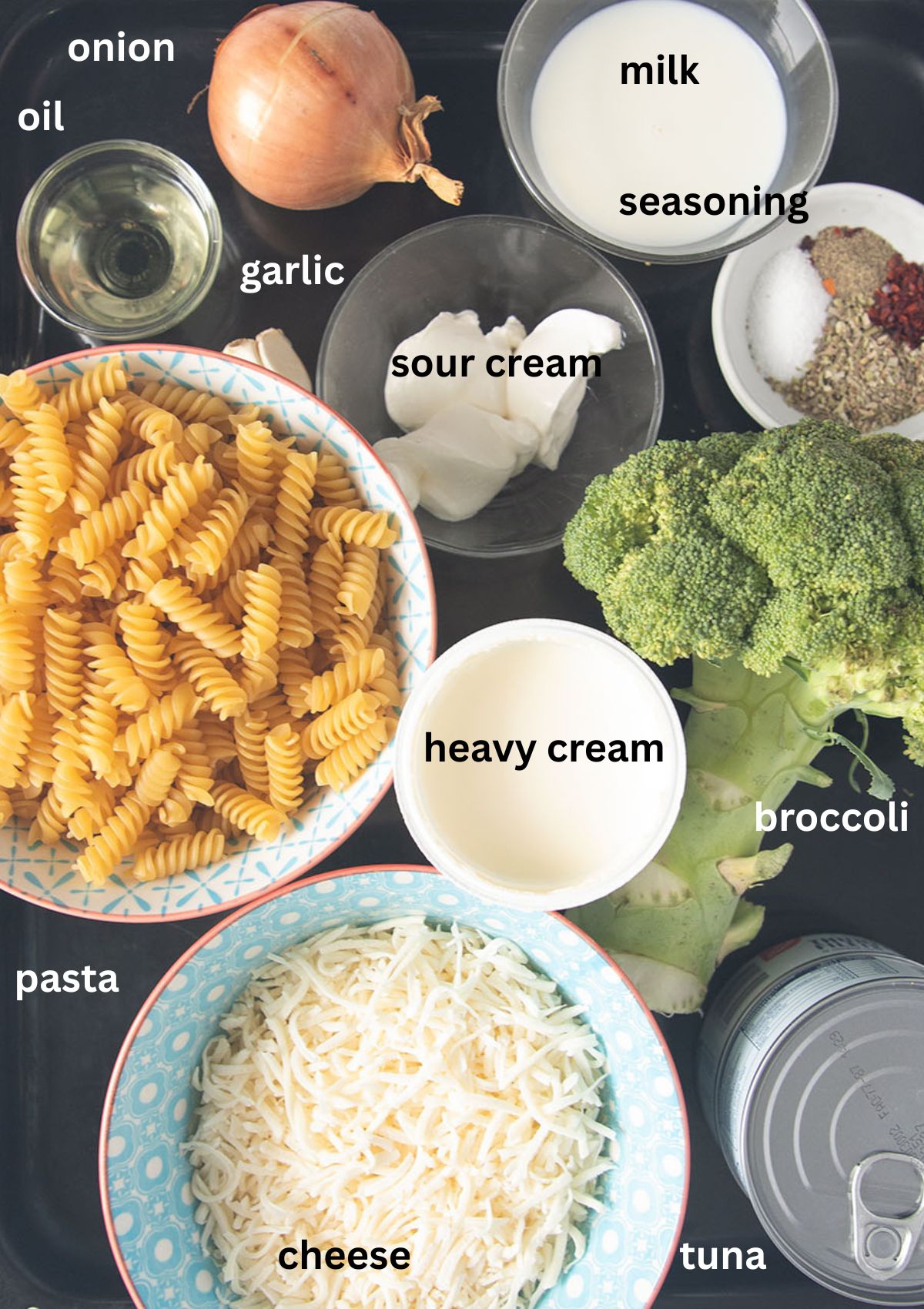 labeled ingredients for making pasta bake with tuna, broccoli, cream, milk, and onion.