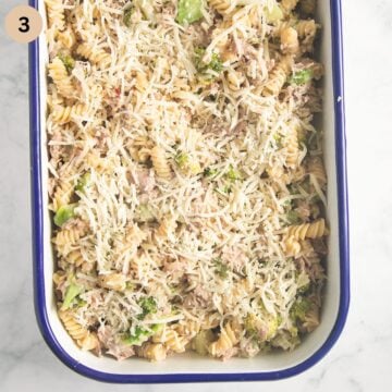 unbaked casserole with tuna, pasta, broccoli and cheese.
