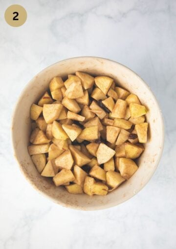 cubed peeled apples mixed with spices for making apple pie.