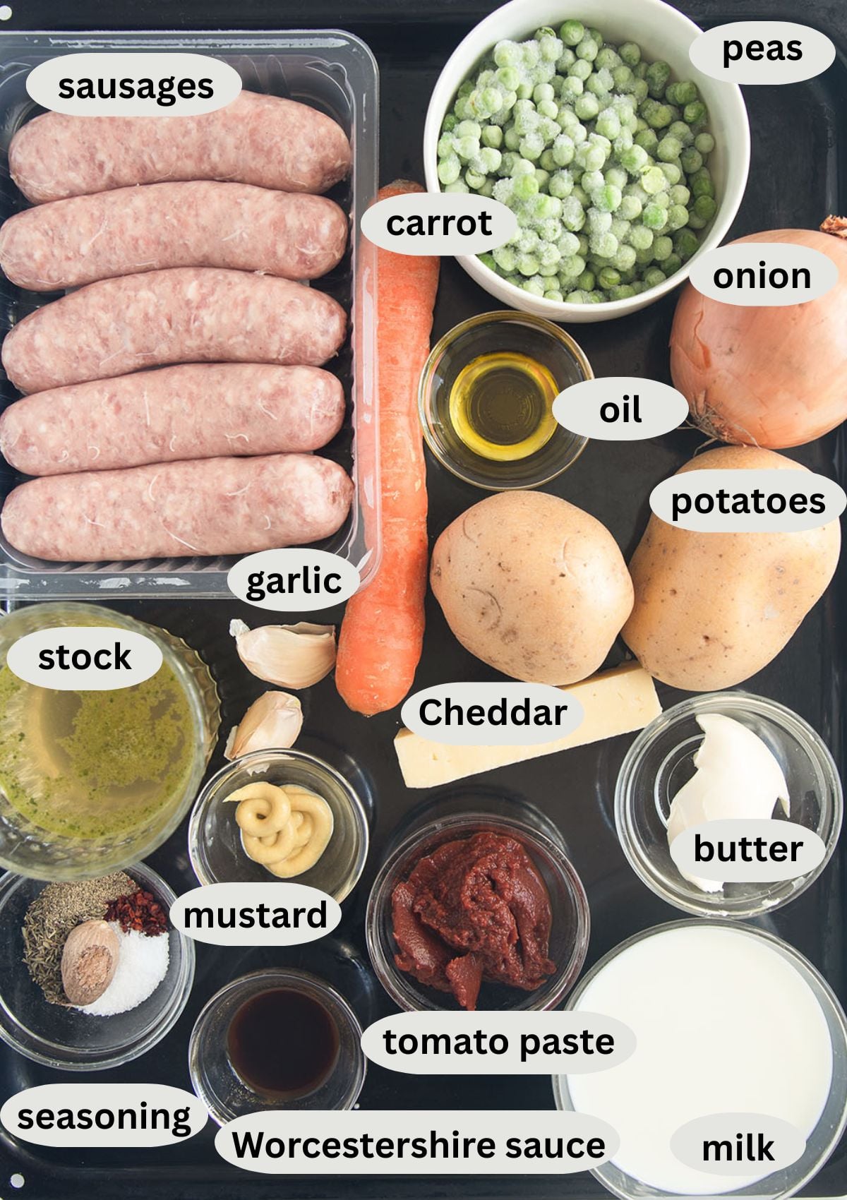 labeled ingredients for making shepherd's pie with pork sausage meat, peas, carrots, and mashed potatoes.