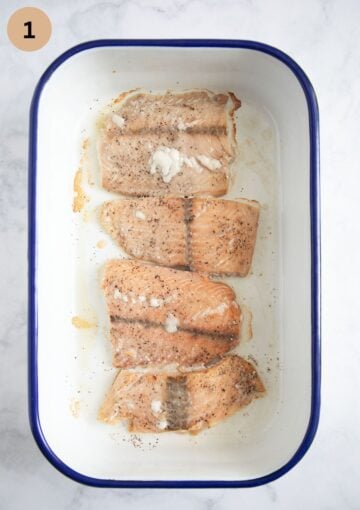 baked salmon fillets for making poke bowls in a baking dish.