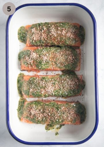 unbaked salmon fillets topping with dill mustard and panko breadcrumbs.