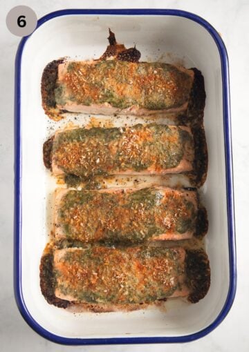 four gloden baked fillets of salmon with mustard and dill.
