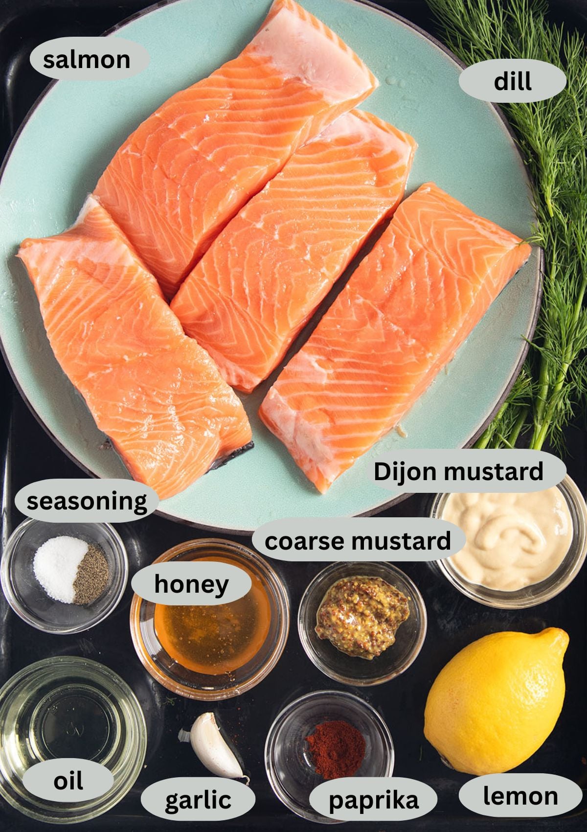 labeled ingredients for making salmon fillets with mustard and dill topping.