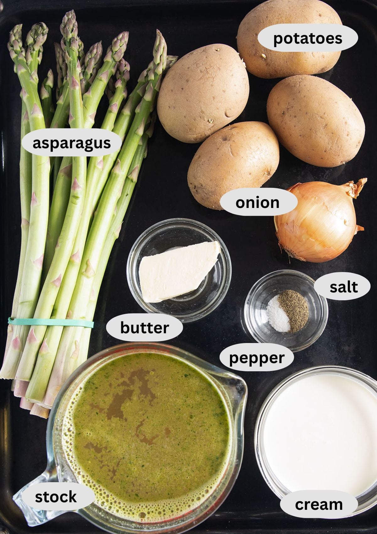 labeled ingredients for making soup with asparagus, potatoes, cream, butter, onion, and stock.