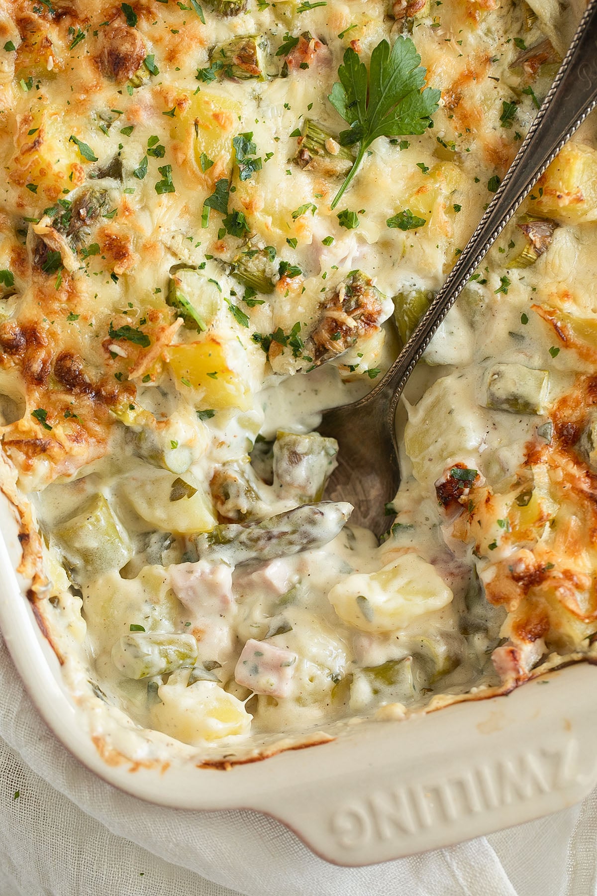 super creamy potato asparagus casserole showing the filling..