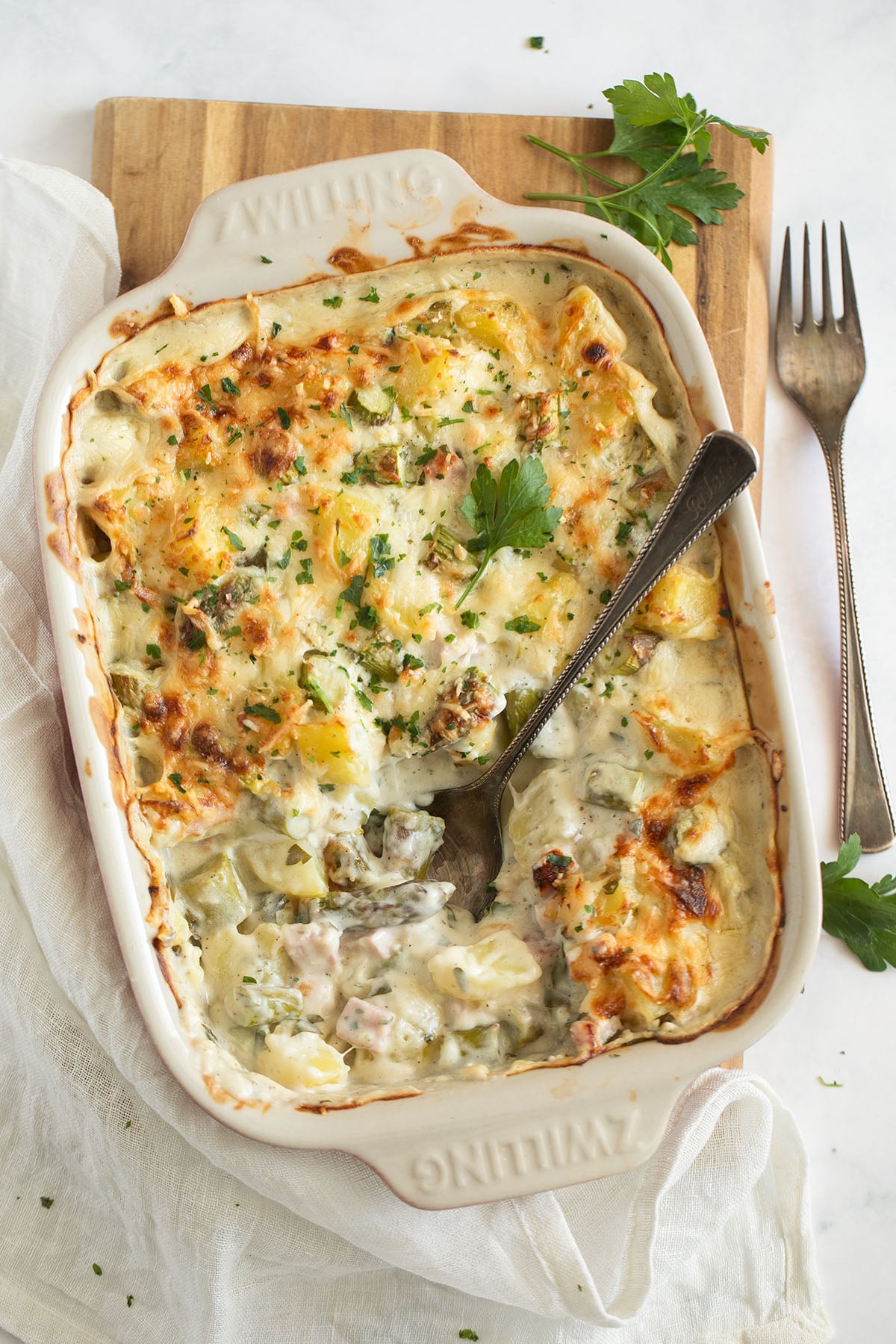 asparagus potato cassserole in a baking dish.