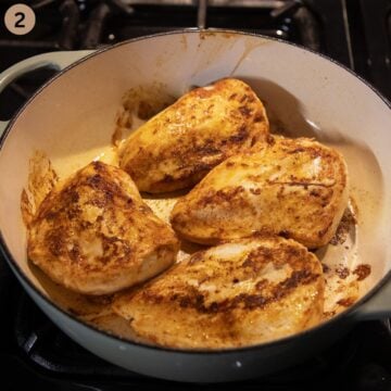 searing chicken breasts in a dutch oven.