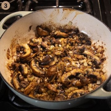 cooking mushrooms and onions in a large pot.