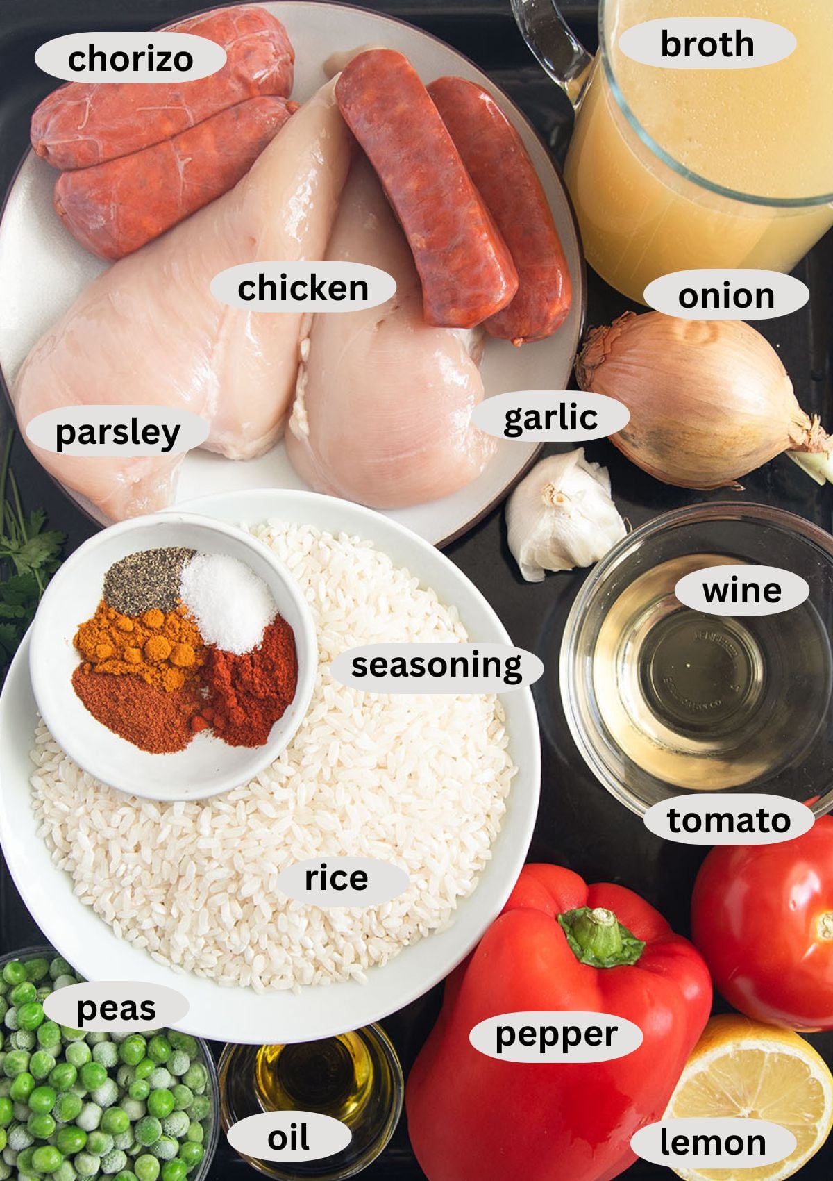labeled ingredients for making paella with rice, chicken and chorizo.