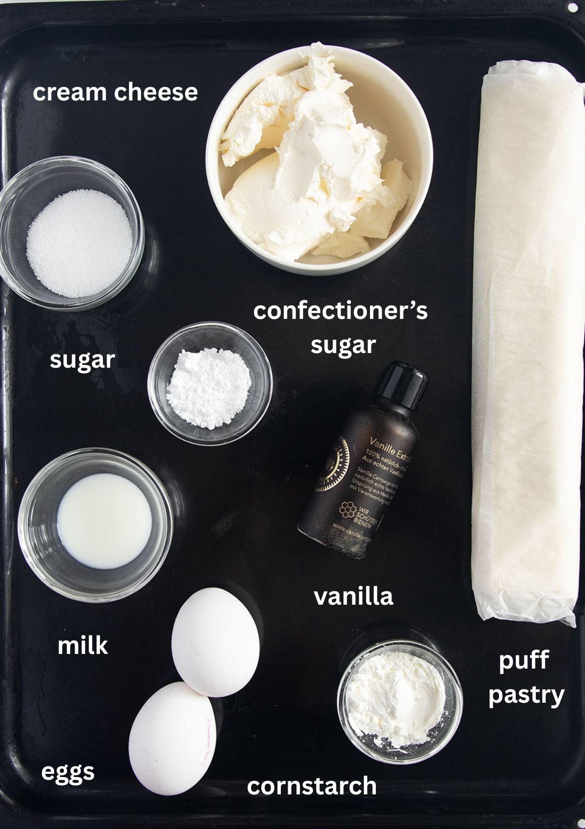 labeled ingredients for making puff pastry twists filled with vanilla cream cheese.