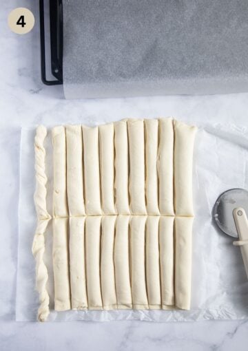 cut pieces of pastry filled with cream cheese before twisting and baking.
