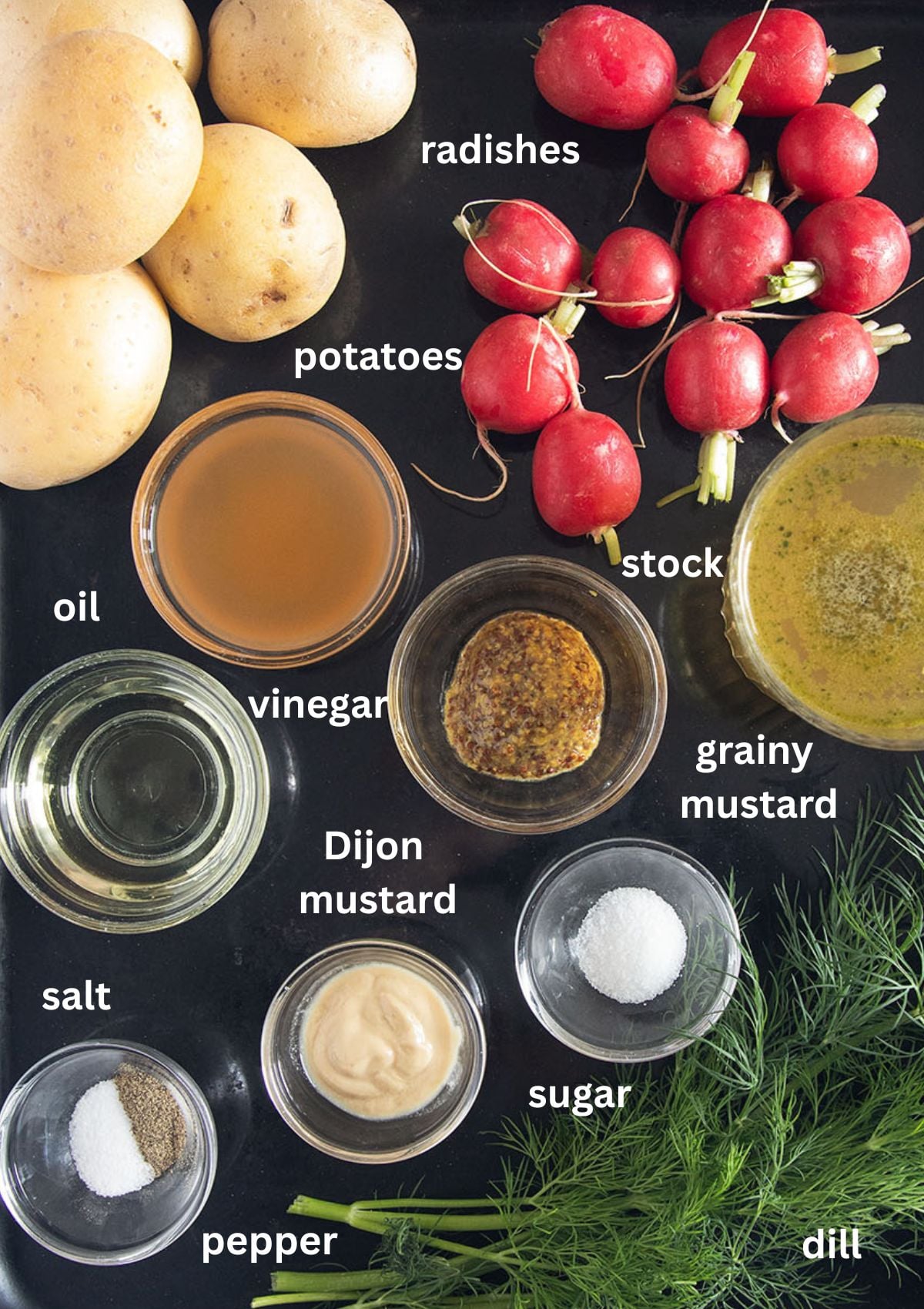 labeled ingredients for making salad with potatoes, radishes, dill, and mustard dressing.