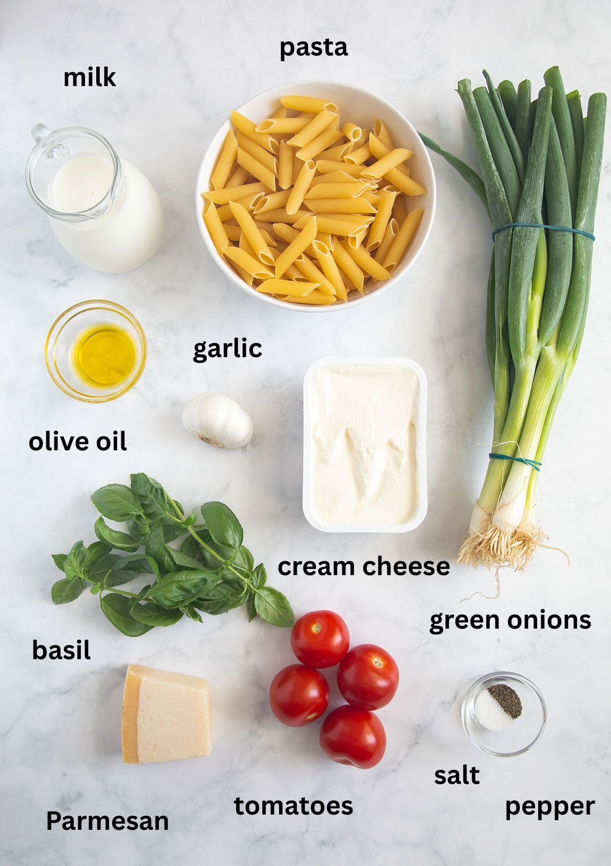 labeled ingredients for making pasta with cream cheese, green onions, tomatoes, basil, and parmesan.