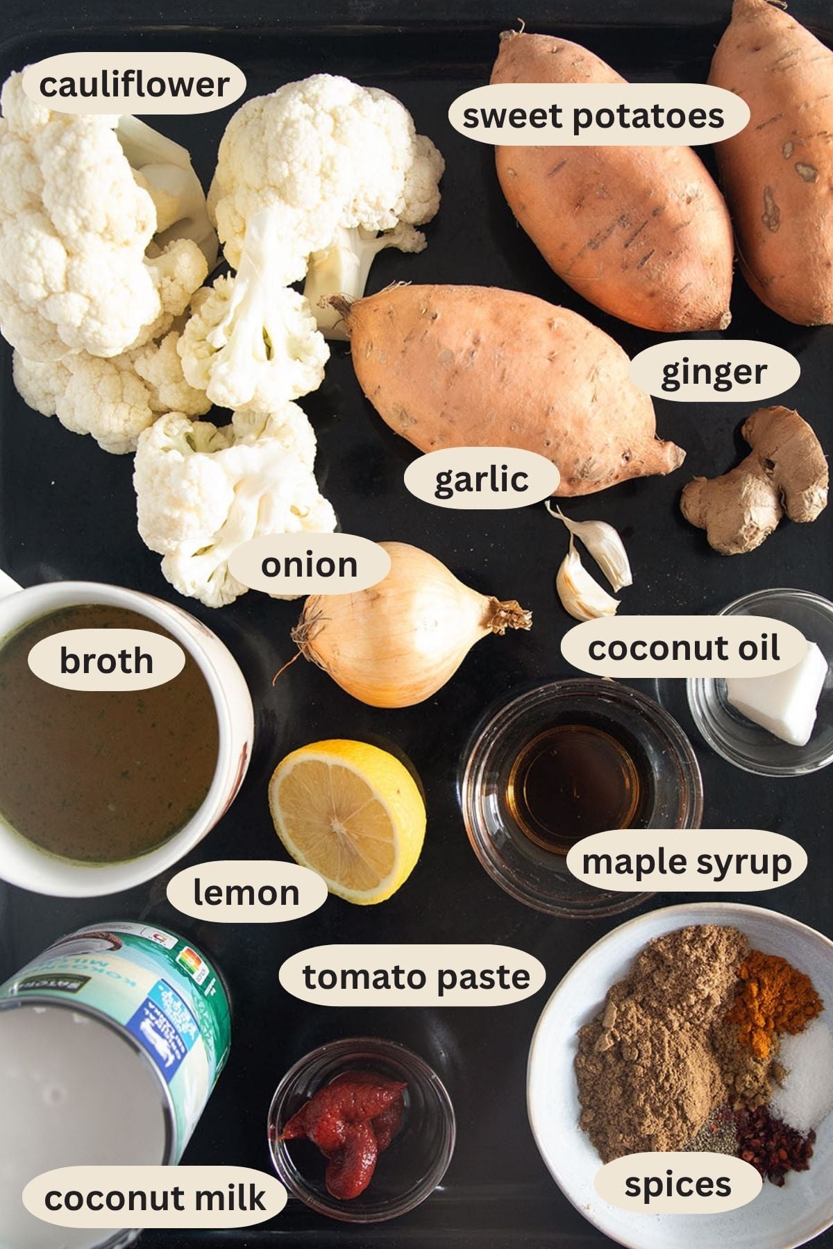 labeled ingredients for making curry with cauliflower, sweet potatoes, coconut milk and lots of spices.
