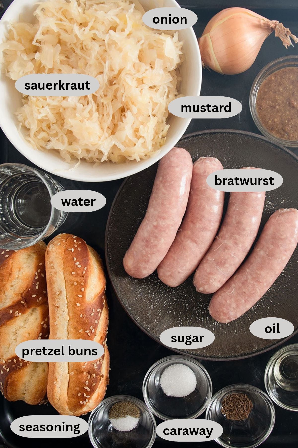 labeled ingredients for making sandwiches with pretzel buns, bratwurst, and sauerkraut.