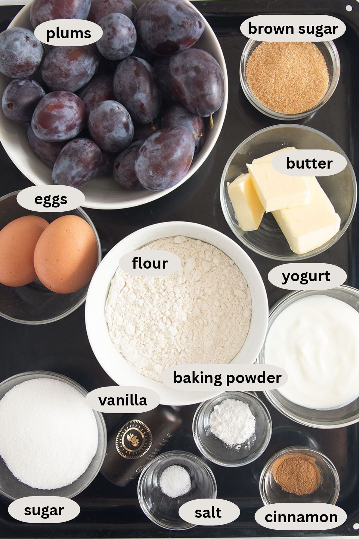 labeled ingredients for making cake with plums, sugar, flour, eggs, yogurt, and butter.